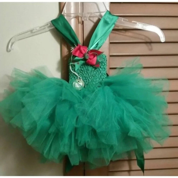 Christmas Netted GreenTuTu Dress Ribbon Hand Made - Picture 1 of 7